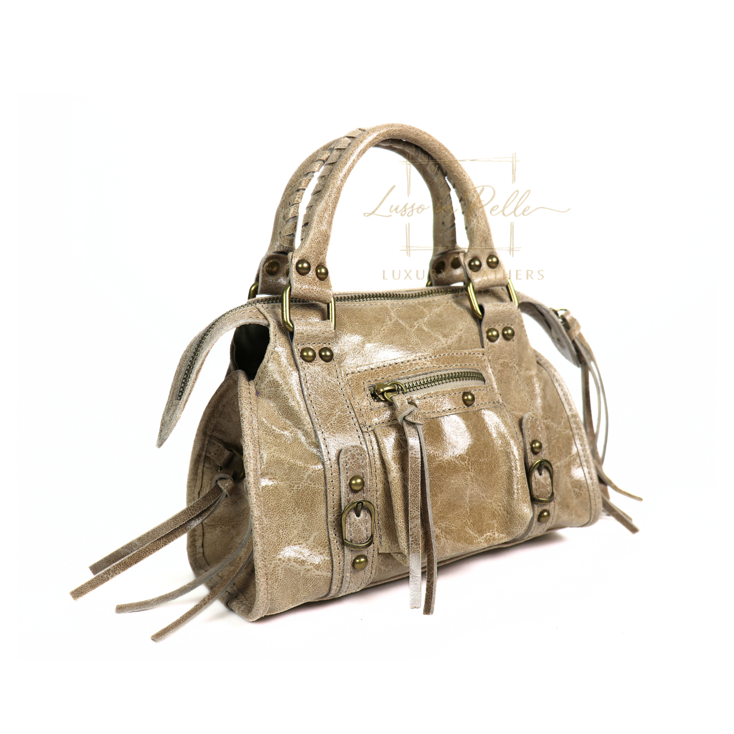 Genuine Leather Handbag with Front Zip Pocket & Stud Detail