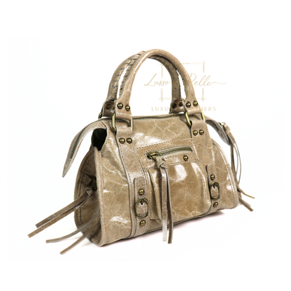 Genuine Leather Handbag with Front Zip Pocket & Stud Detail