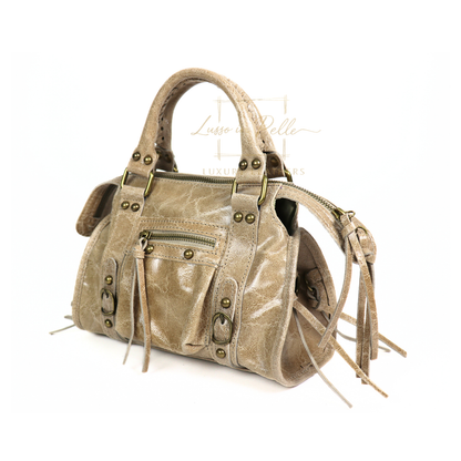 Genuine Leather Handbag with Front Zip Pocket & Stud Detail