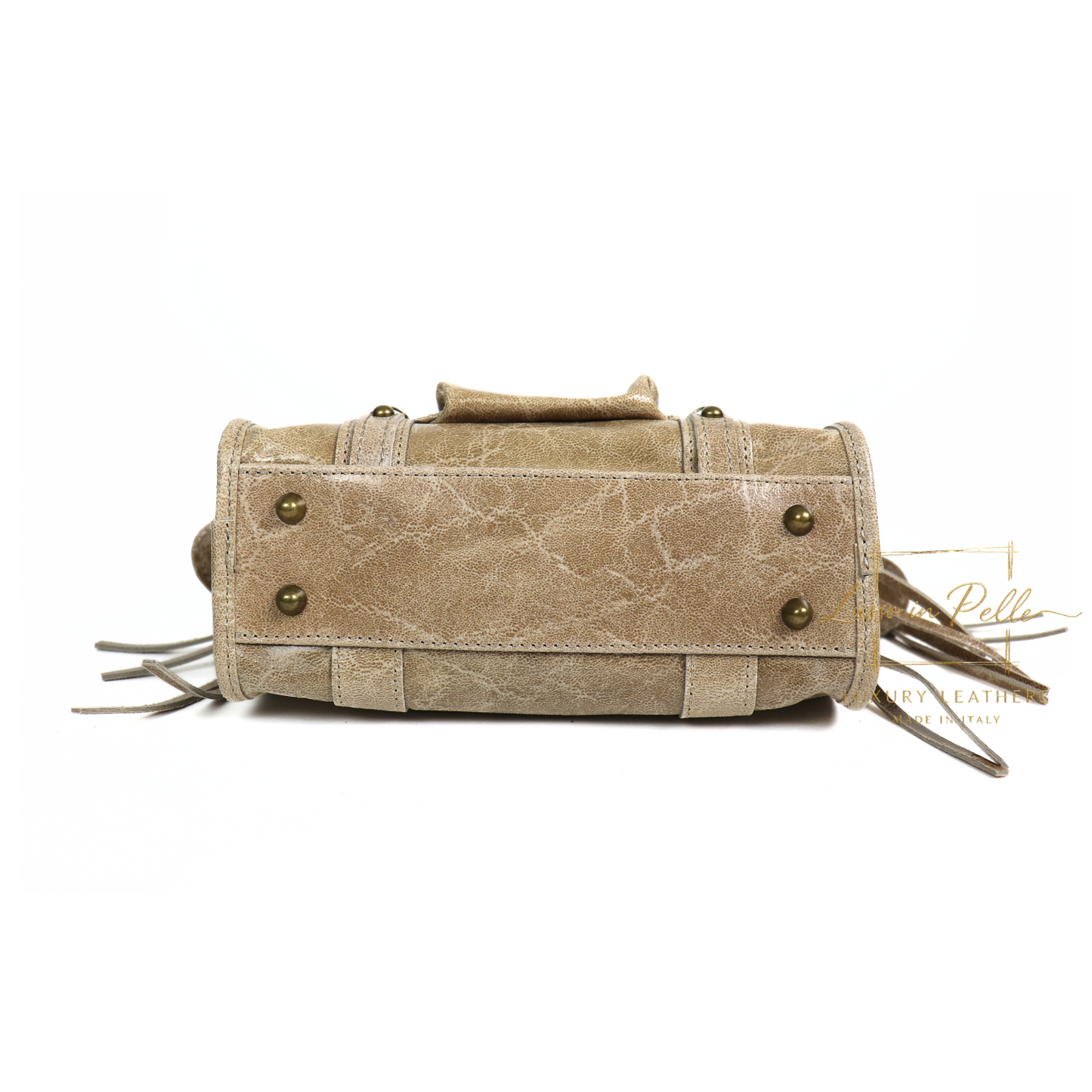 Genuine Leather Handbag with Front Zip Pocket & Stud Detail