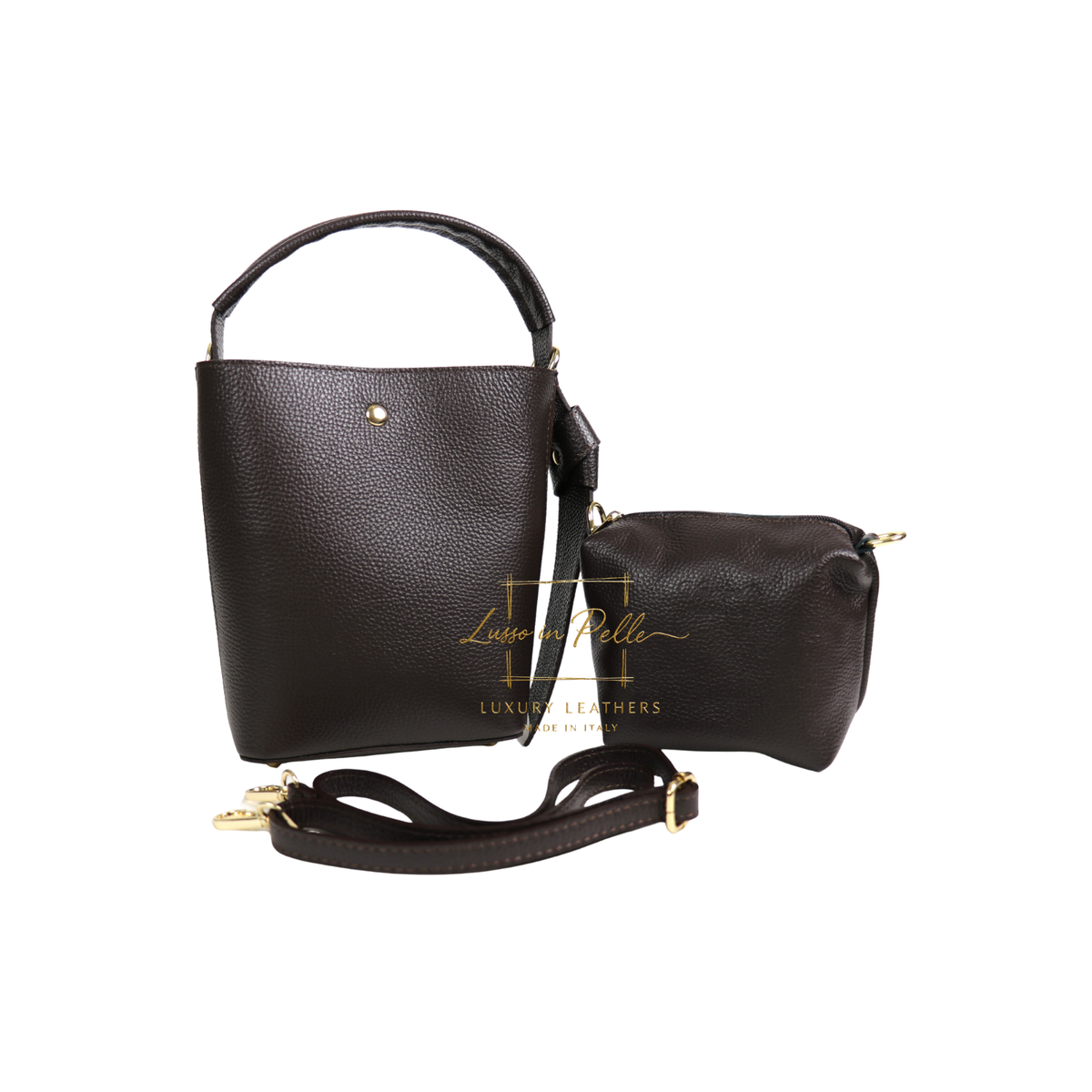 Genuine Italian Leather Bucket Handbag Top Handle Handbag with Snap Closure