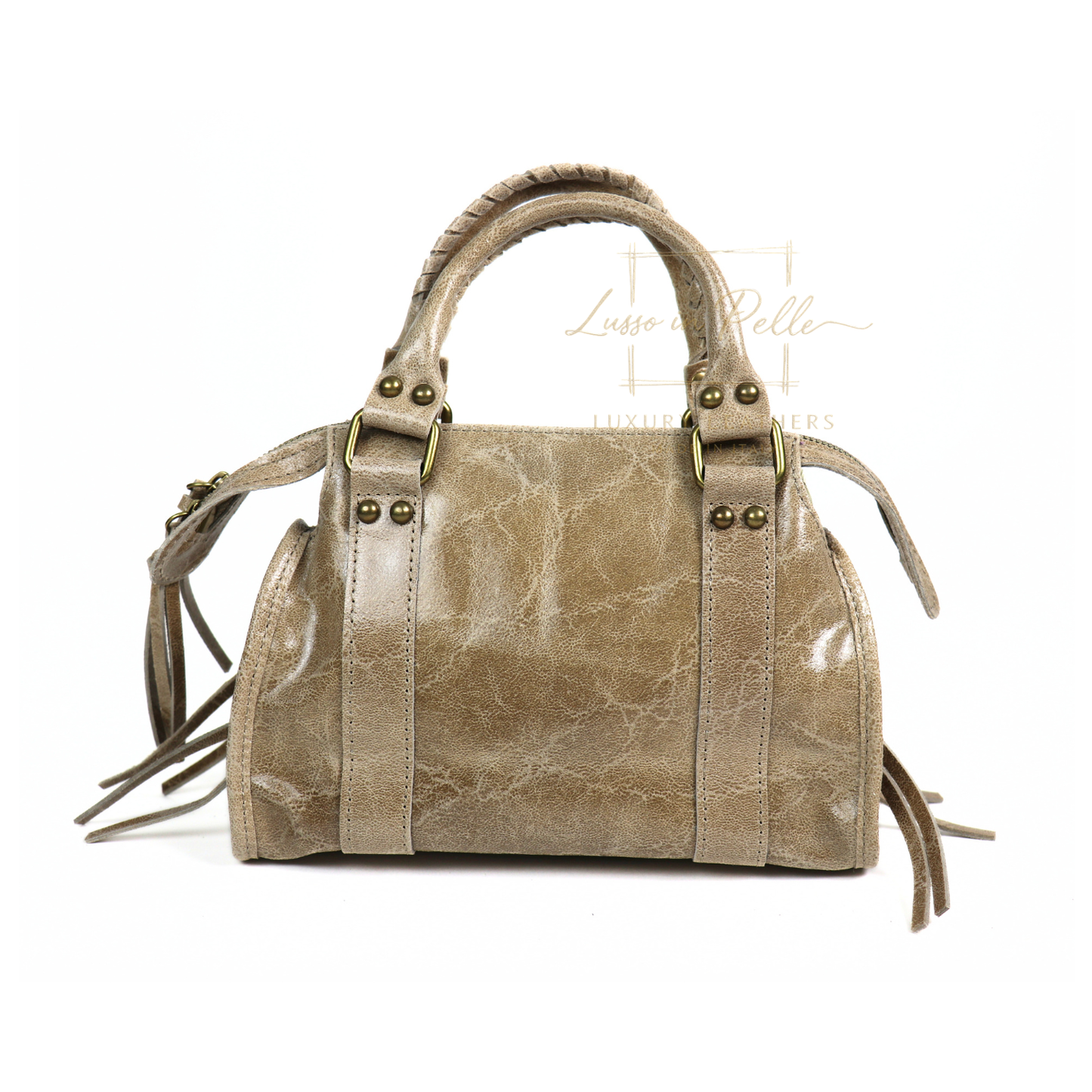 Genuine Leather Handbag with Front Zip Pocket & Stud Detail
