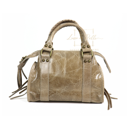 Genuine Leather Handbag with Front Zip Pocket & Stud Detail