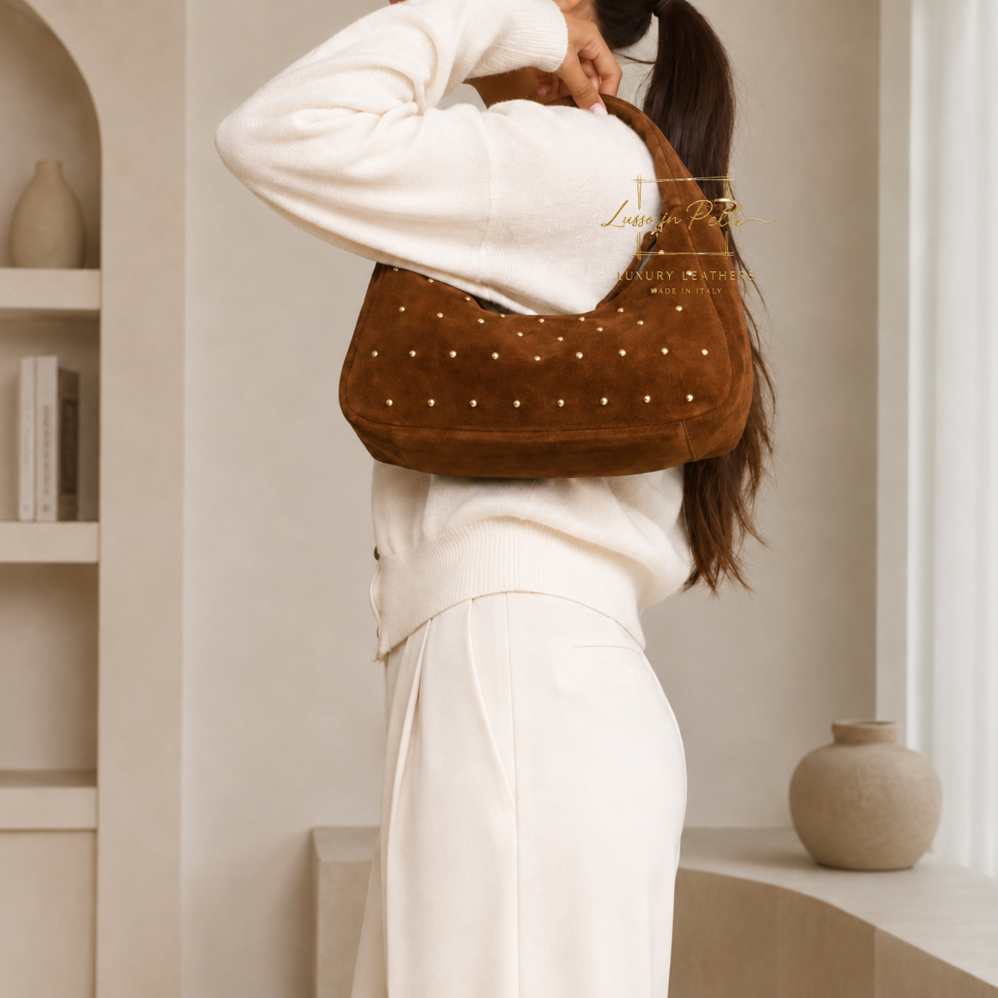 Soft Genuine Suede Shoulder Bag with Gold Stud Detail