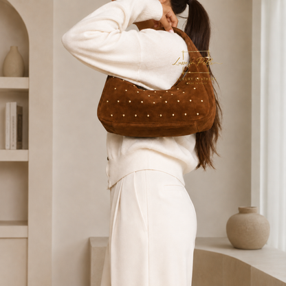 Soft Genuine Suede Shoulder Bag with Gold Stud Detail