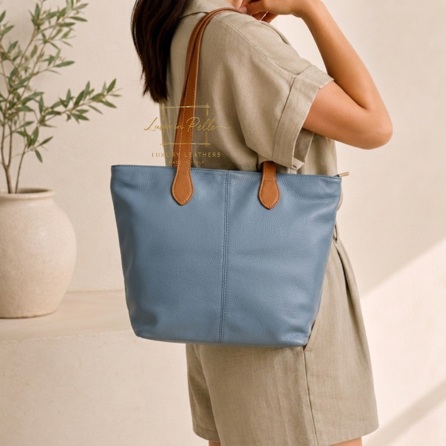 The Essential Tote (Handmade Italian Leather Shoulder Bag Tan Handle)