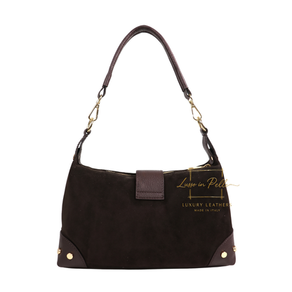 Genuine Suede & Leather Shoulder Bag with Buckle Detail
