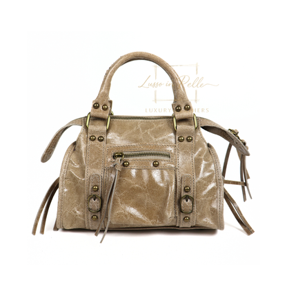 Genuine Leather Handbag with Front Zip Pocket & Stud Detail