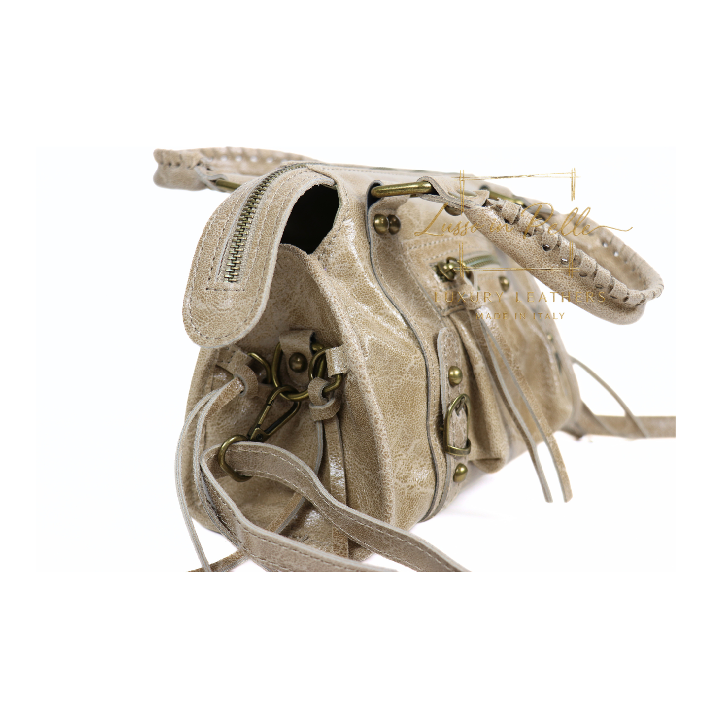 Genuine Leather Handbag with Front Zip Pocket & Stud Detail