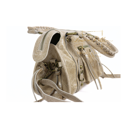 Genuine Leather Handbag with Front Zip Pocket & Stud Detail