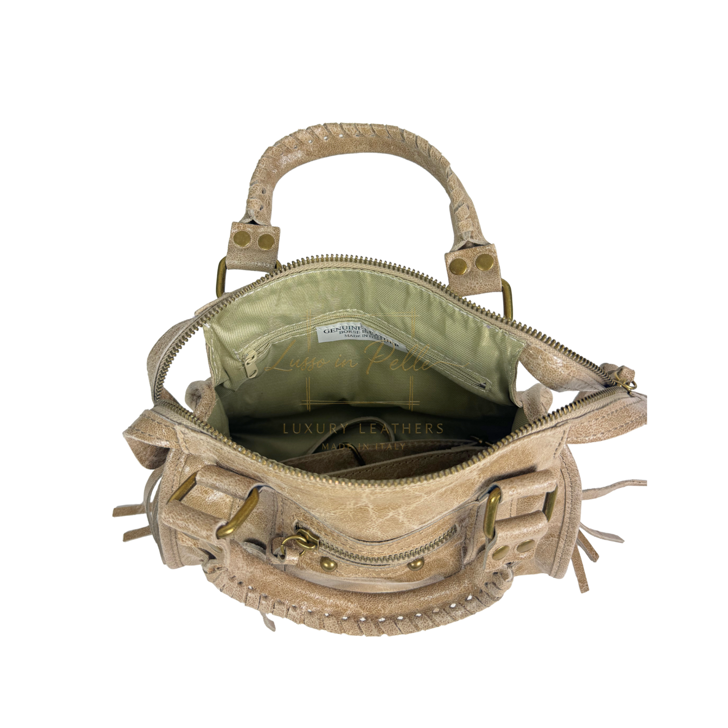 Genuine Leather Handbag with Front Zip Pocket & Stud Detail