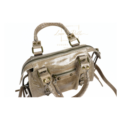Genuine Leather Handbag with Front Zip Pocket & Stud Detail