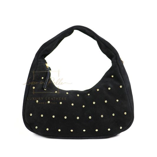 Soft Genuine Suede Shoulder Bag with Gold Stud Detail