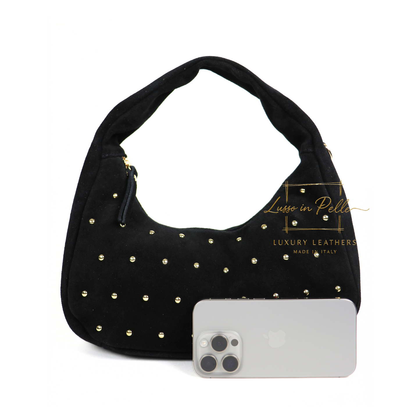 Soft Genuine Suede Shoulder Bag with Gold Stud Detail