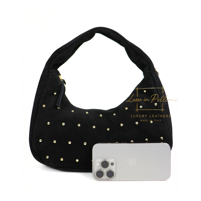 Soft Genuine Suede Shoulder Bag with Gold Stud Detail