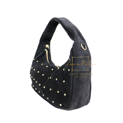 Soft Genuine Suede Shoulder Bag with Gold Stud Detail