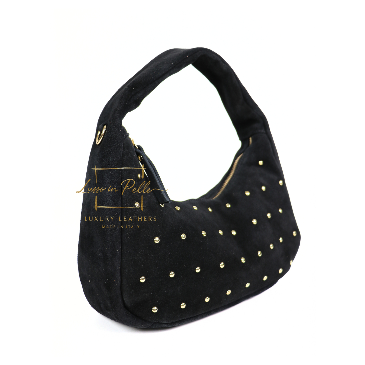 Soft Genuine Suede Shoulder Bag with Gold Stud Detail