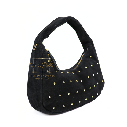 Soft Genuine Suede Shoulder Bag with Gold Stud Detail