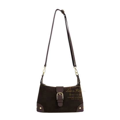 Genuine Suede & Leather Shoulder Bag with Buckle Detail