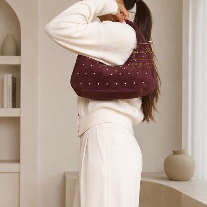 Soft Genuine Suede Shoulder Bag with Gold Stud Detail