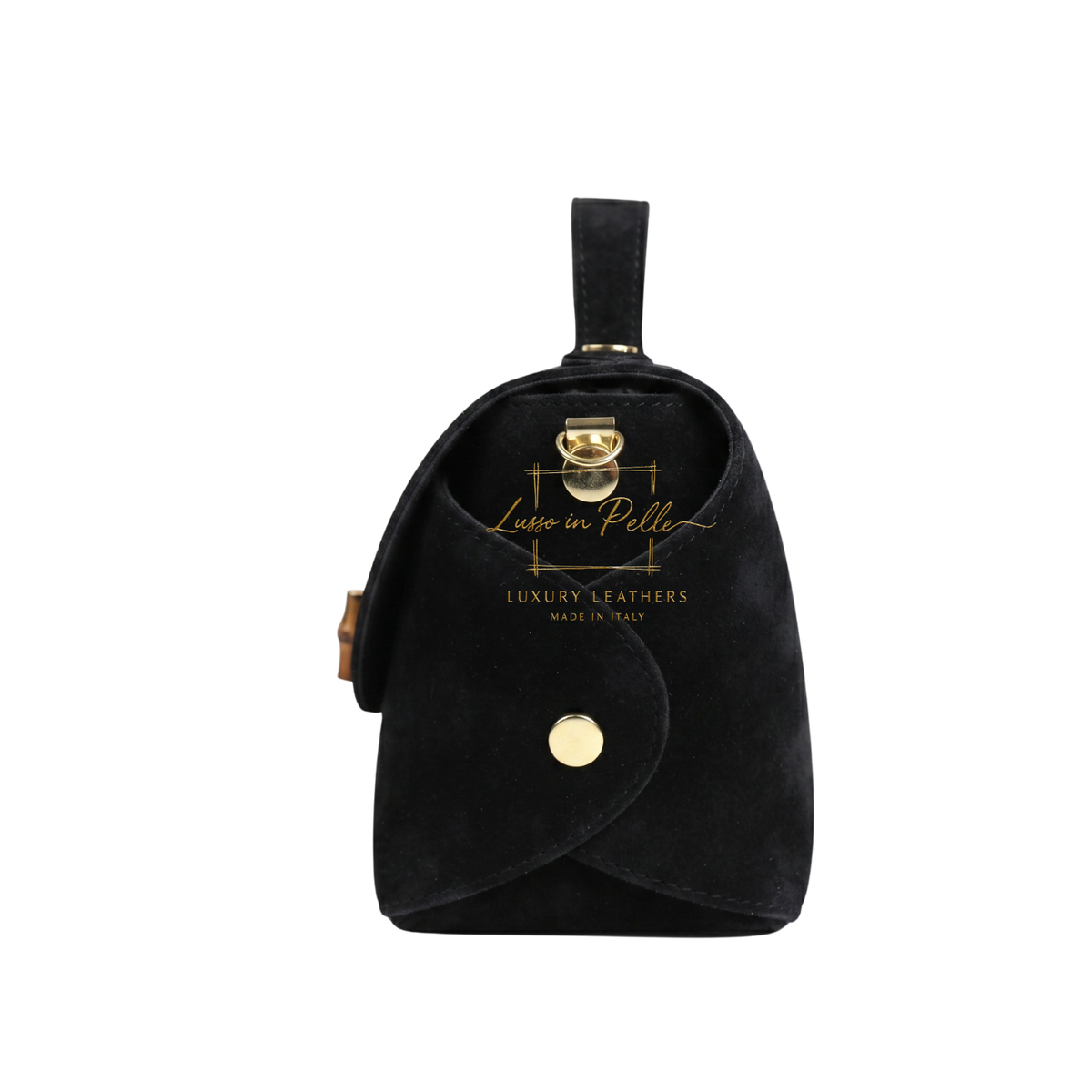 Genuine Suede Mini Top Handle Bag with Bamboo Twist Lock & Chain Strap