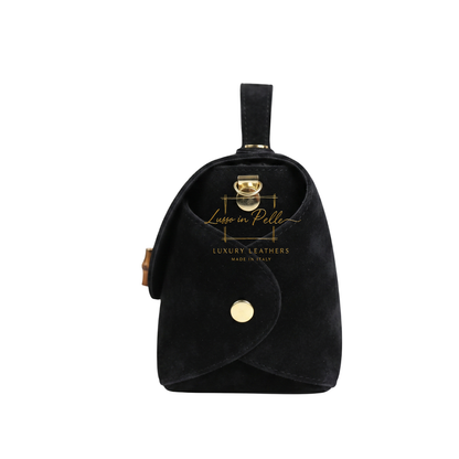 Genuine Suede Mini Top Handle Bag with Bamboo Twist Lock & Chain Strap