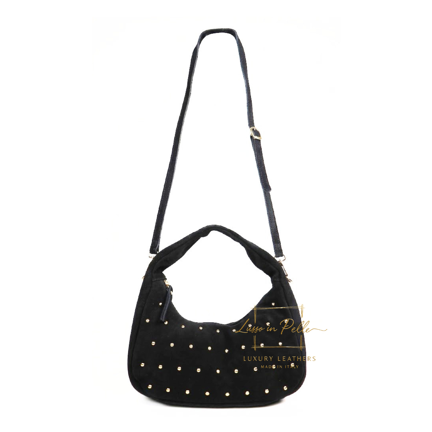 Soft Genuine Suede Shoulder Bag with Gold Stud Detail