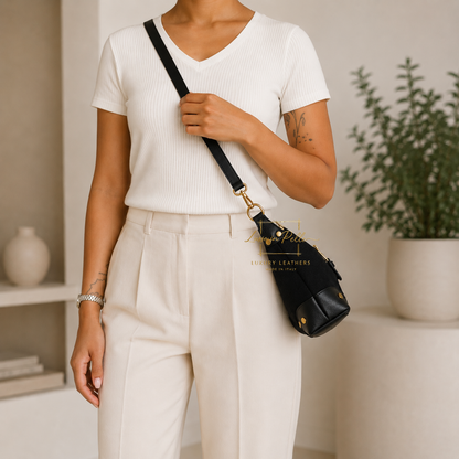 Genuine Suede & Leather Shoulder Bag with Buckle Detail