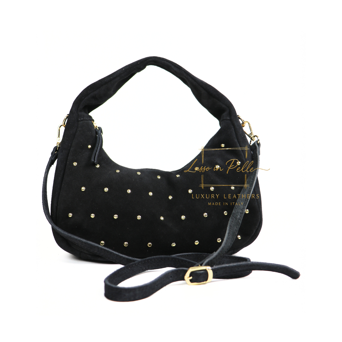 Soft Genuine Suede Shoulder Bag with Gold Stud Detail
