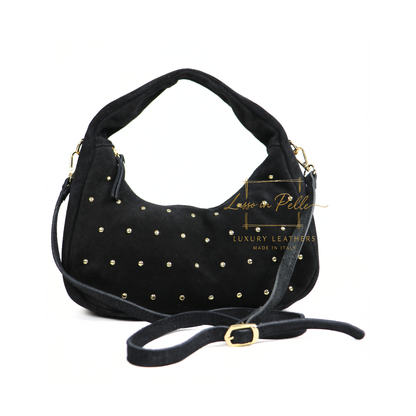 Soft Genuine Suede Shoulder Bag with Gold Stud Detail