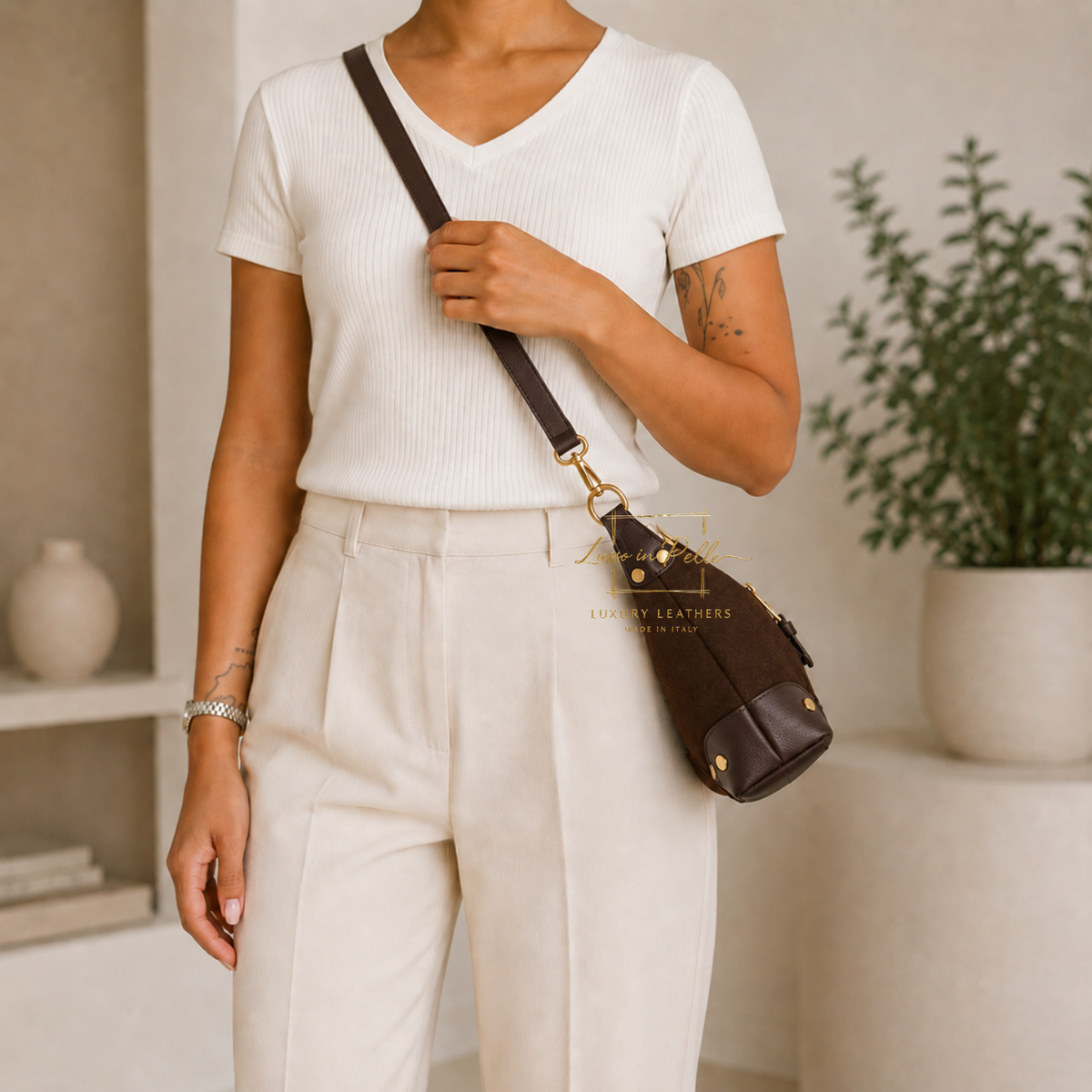 Genuine Suede & Leather Shoulder Bag with Buckle Detail