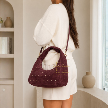 Soft Genuine Suede Shoulder Bag with Gold Stud Detail