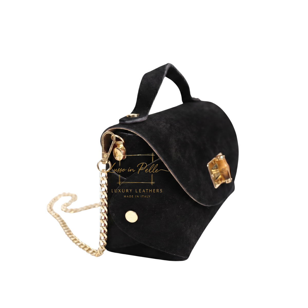 Genuine Suede Mini Top Handle Bag with Bamboo Twist Lock & Chain Strap