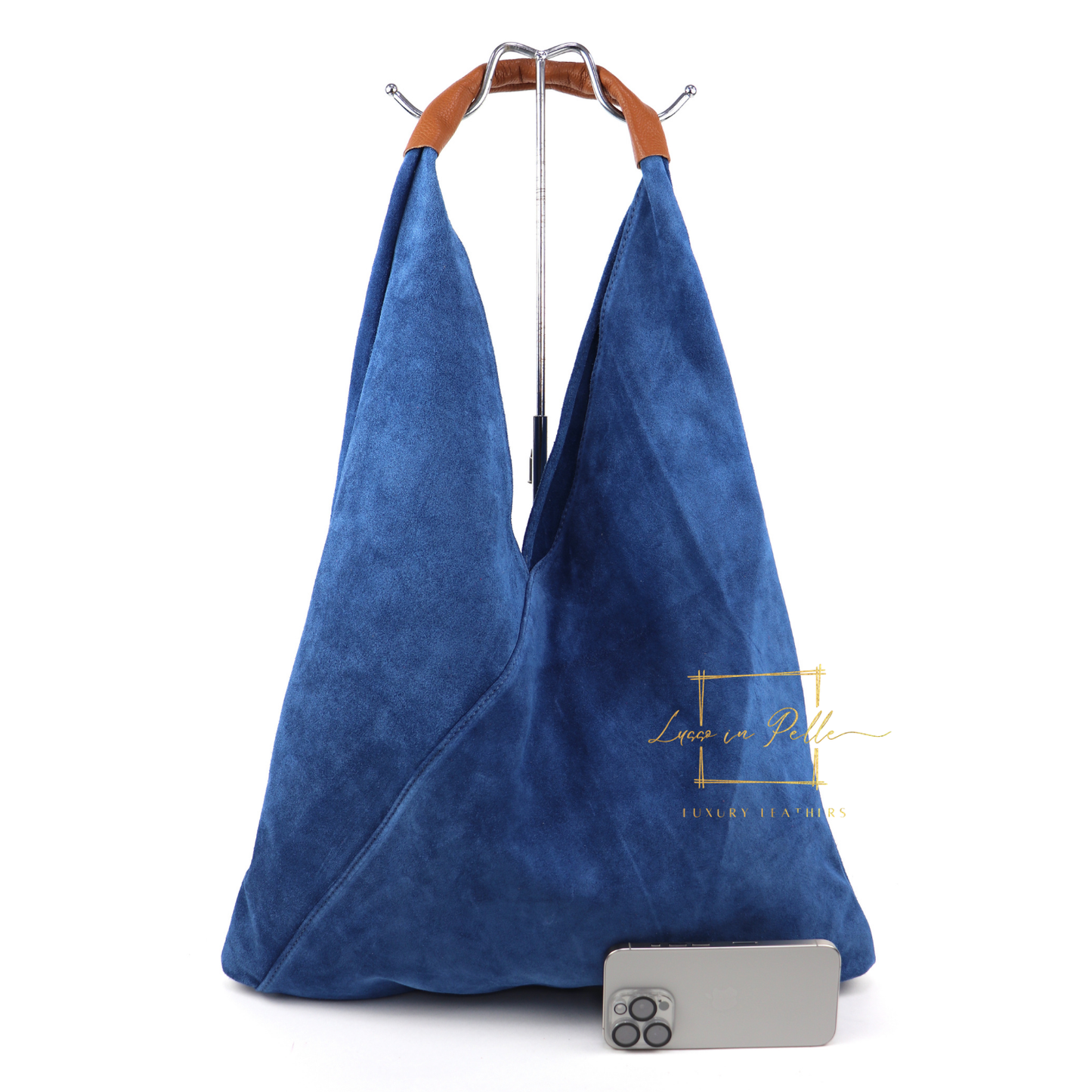 Milano Italian Suede Slouch Hobo Bag with Tan Leather Handle