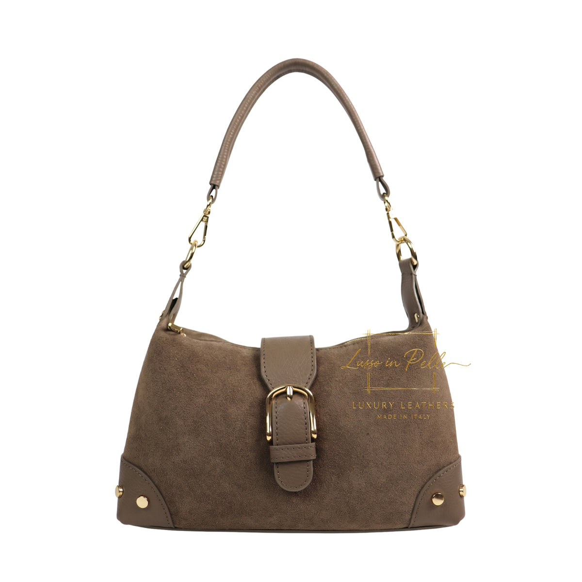 Genuine Suede & Leather Shoulder Bag with Buckle Detail