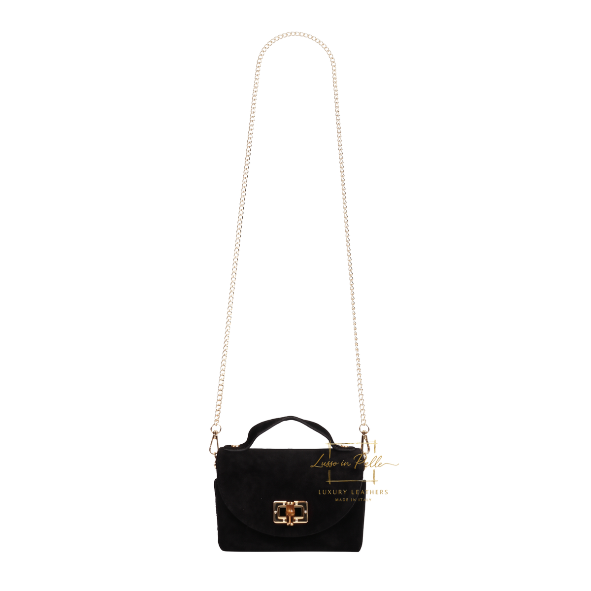 Genuine Suede Mini Top Handle Bag with Bamboo Twist Lock & Chain Strap