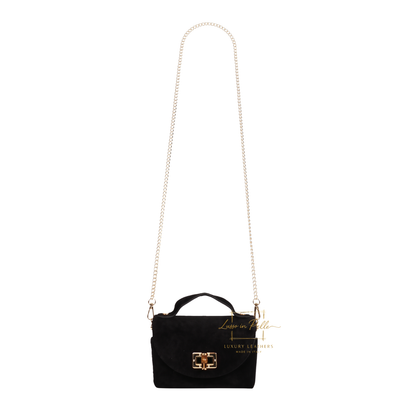 Genuine Suede Mini Top Handle Bag with Bamboo Twist Lock & Chain Strap