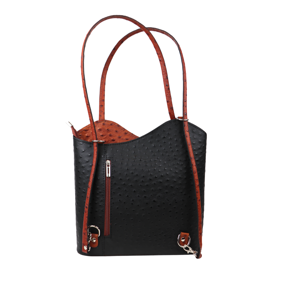 Ostrich Style Genuine Italian Leather Convertible Handbag and Backpack - Lussoinpelle Black Shoulder Bag