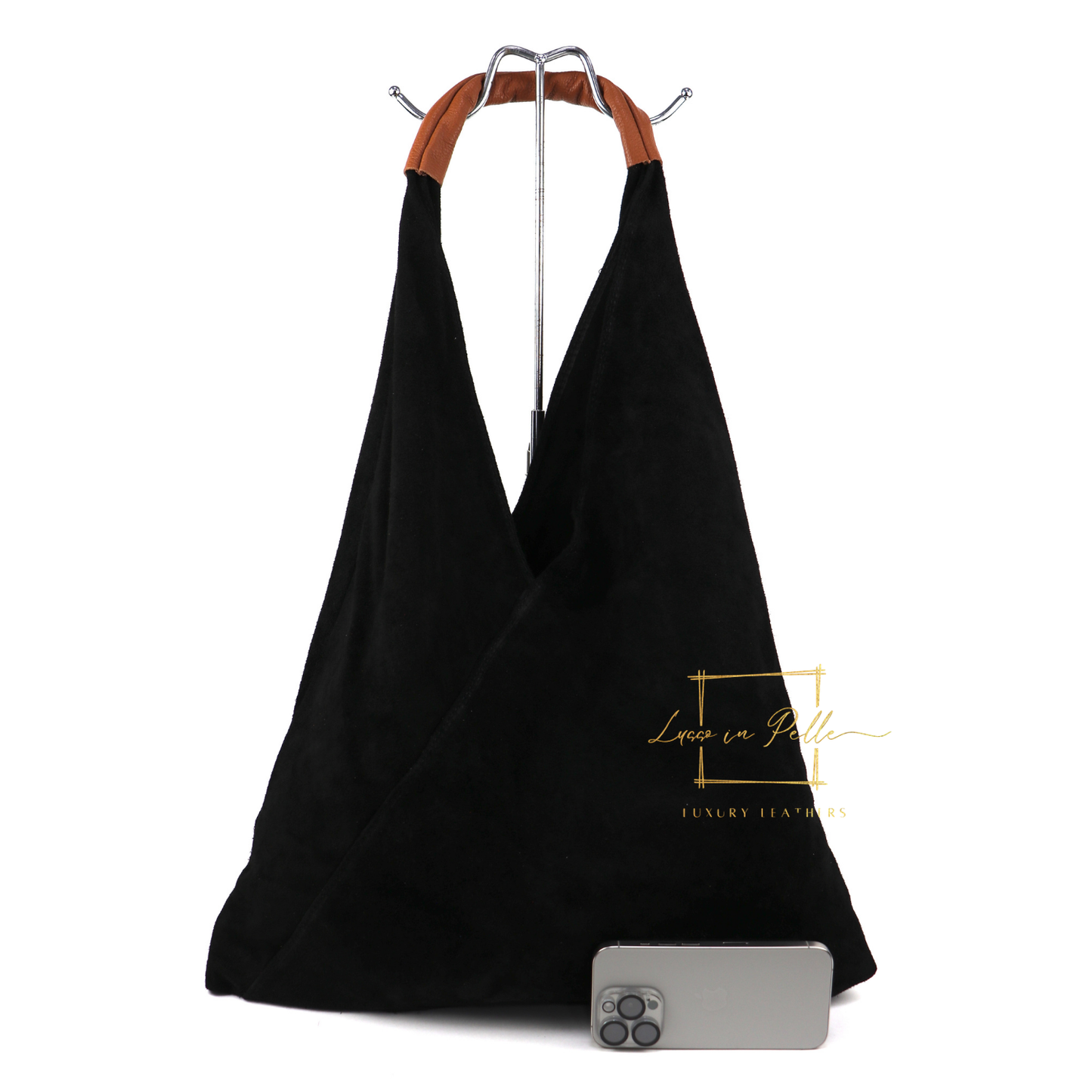 Milano Italian Suede Slouch Hobo Bag with Tan Leather Handle