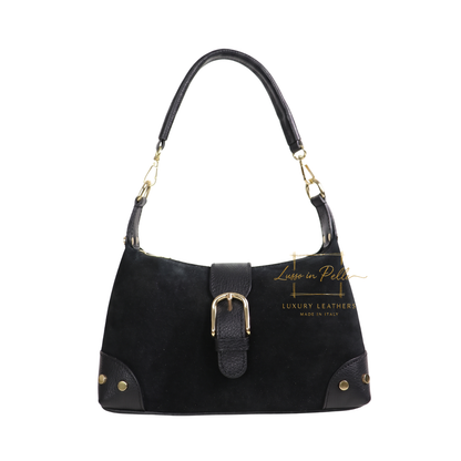 Genuine Suede & Leather Shoulder Bag with Buckle Detail