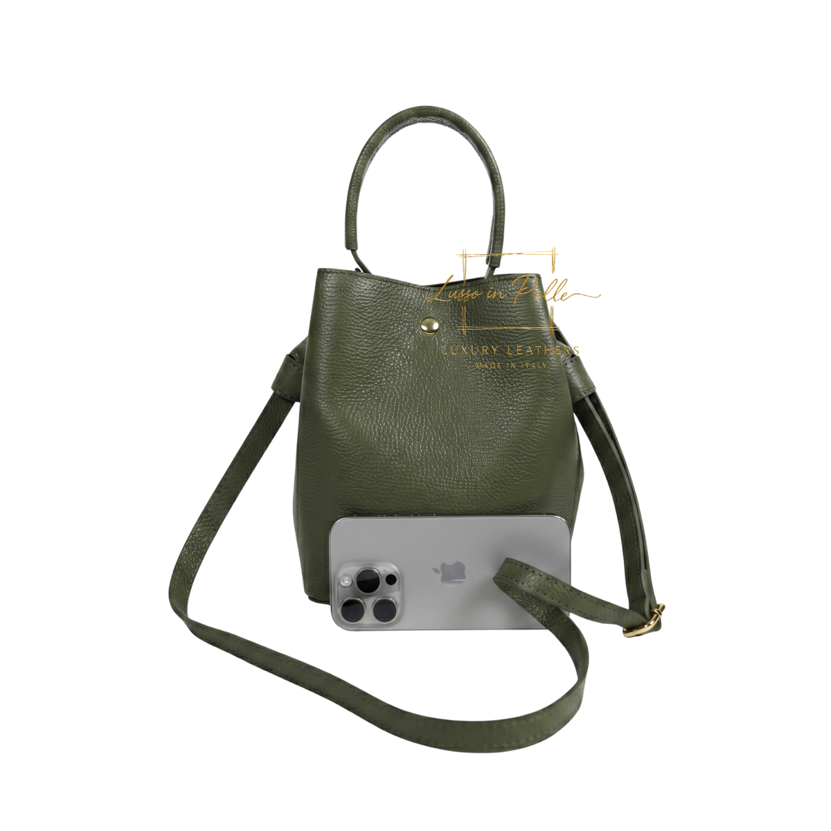 Genuine Italian Leather Bucket Handbag Top Handle Handbag with Snap Closure