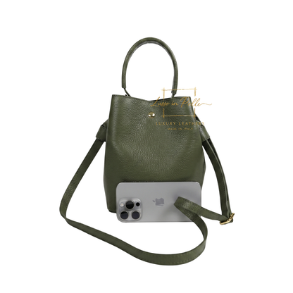 Genuine Italian Leather Bucket Handbag Top Handle Handbag with Snap Closure