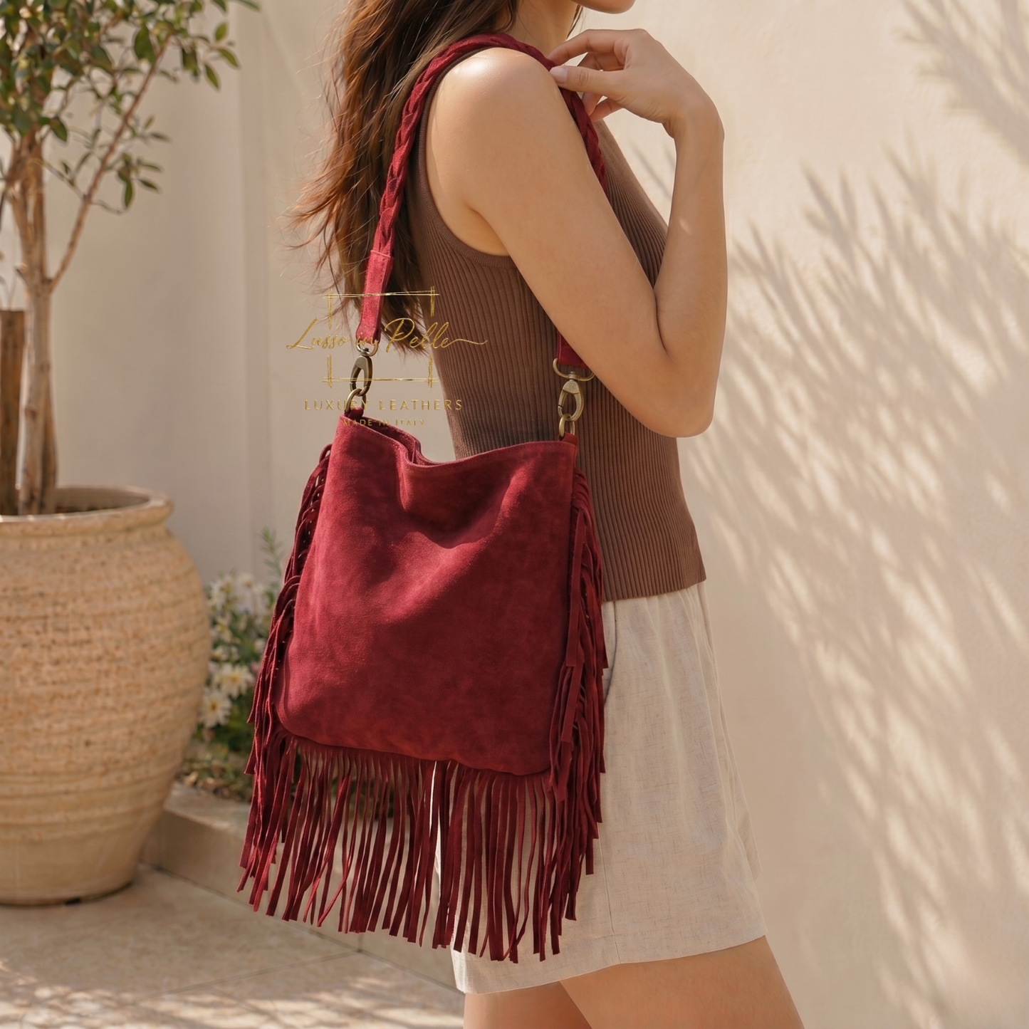 Marina Suede Shoulder & Crossbody Bag with Fringe
