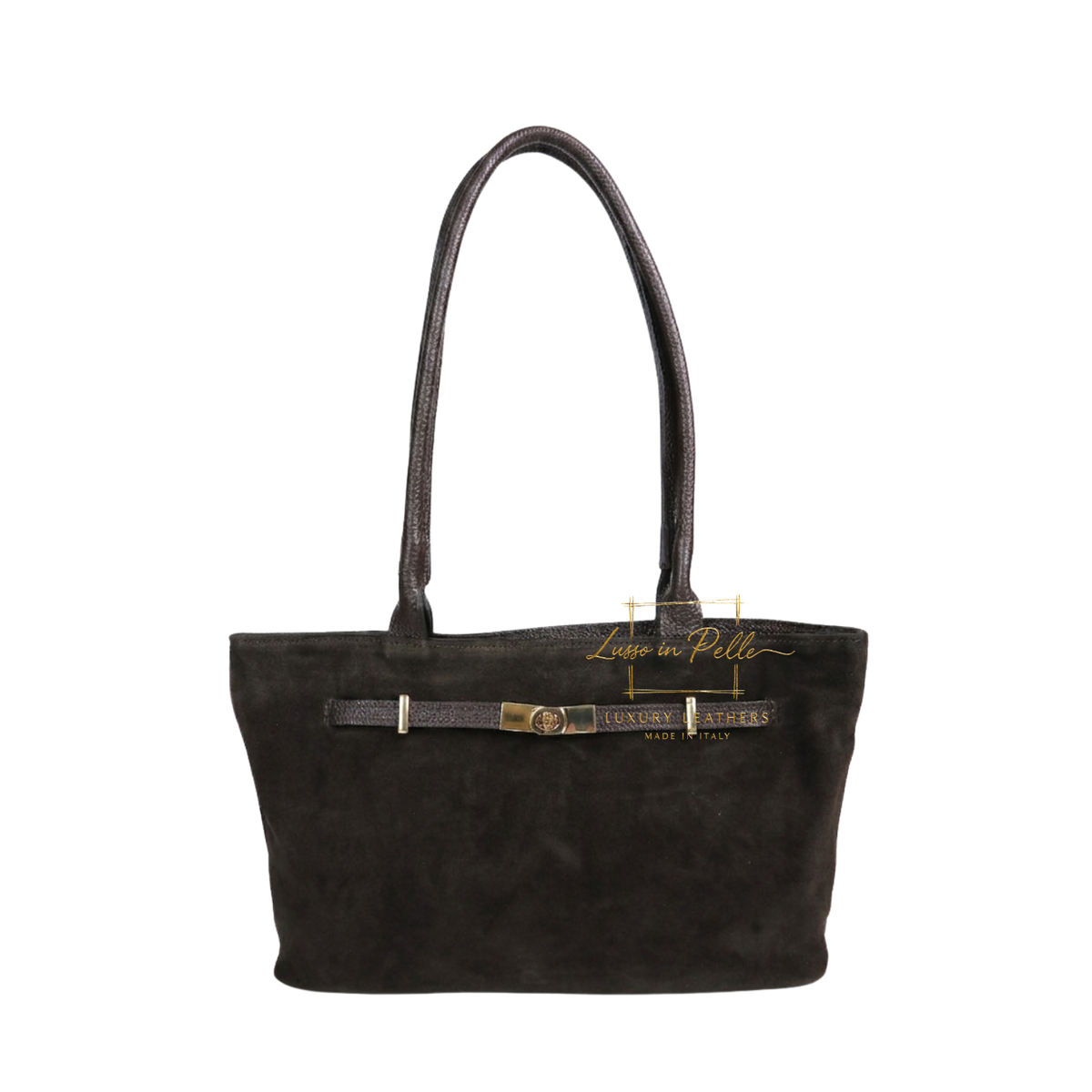 Genuine Leather Suede Shoulder Bag with Gold Turn Lock Detail