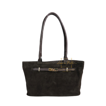 Genuine Leather Suede Shoulder Bag with Gold Turn Lock Detail