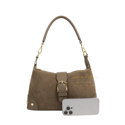 Genuine Suede & Leather Shoulder Bag with Buckle Detail