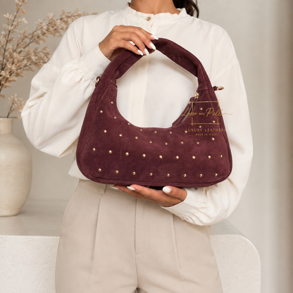 Soft Genuine Suede Shoulder Bag with Gold Stud Detail