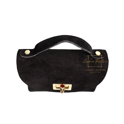 Genuine Suede Mini Top Handle Bag with Bamboo Twist Lock & Chain Strap