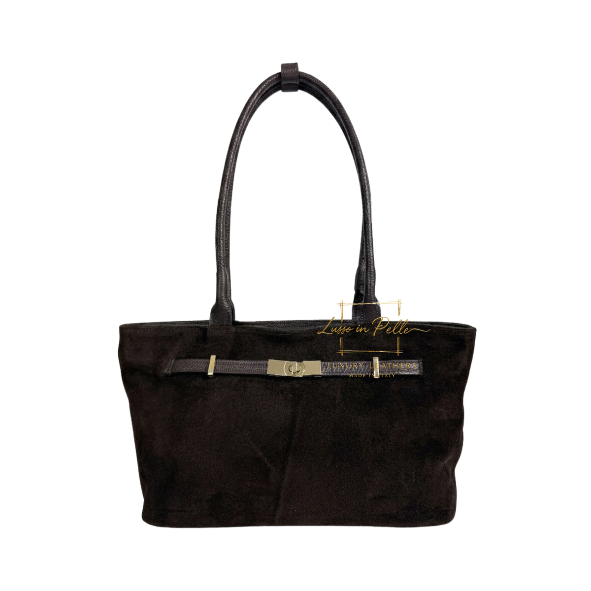 Genuine Leather Suede Shoulder Bag with Gold Turn Lock Detail