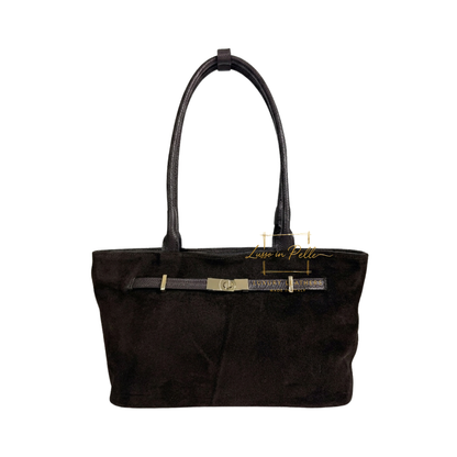 Genuine Leather Suede Shoulder Bag with Gold Turn Lock Detail